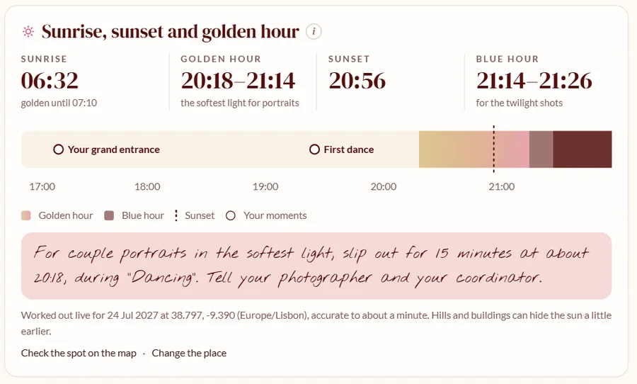 The golden hour card in the sample Wedding Journal, showing sunrise, golden hour, sunset and blue hour for a venue.