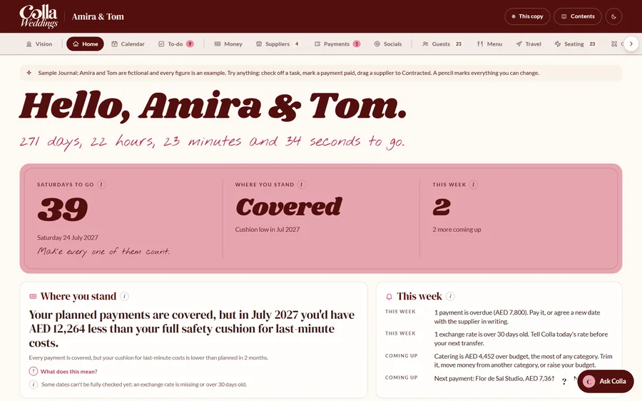 The Home page of the sample Journal: Saturdays to go, one sentence on where the money stands, payments due and progress rings.