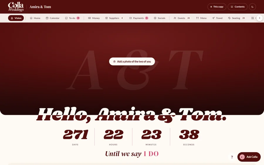 The Vision page of the sample Wedding Journal: a dark red cover reading Hello, Amira and Tom, with a live countdown until we say I do.